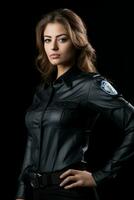 a beautiful woman in a police uniform standing in front of a black background generative ai photo