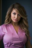 a beautiful woman in a pink shirt posing for the camera generative ai photo