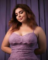 un hermosa mujer en un púrpura vestir posando para el cámara generativo ai foto