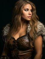 a beautiful woman in a viking costume on a black background generative ai photo