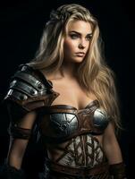 a beautiful woman in armor with long blonde hair generative ai photo
