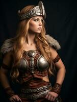 a beautiful woman in a viking costume on a black background generative ai photo