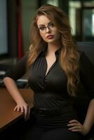 a beautiful woman in glasses sitting at a desk generative ai photo