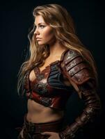 a beautiful woman in leather armor posing for the camera generative ai photo