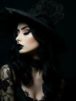 a beautiful woman in black makeup and a witch hat generative ai photo