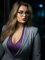 a beautiful woman in glasses and a suit posing for the camera generative ai photo