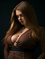 a beautiful woman with big breasts posing in a brown dress generative ai photo