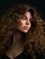 a beautiful woman with long curly hair photo