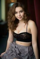 a beautiful young woman in a black bra top and skirt generative ai photo