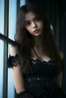 a beautiful young woman in a black dress leaning against a window generative ai photo