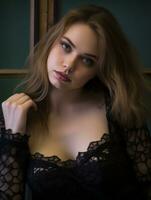 a beautiful young woman in a black lace top photo