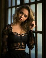 a beautiful young woman in a black lace top generative ai photo