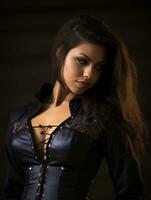 a beautiful young woman in a black leather outfit generative ai photo