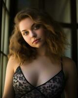 a beautiful young woman in a black lingerie top photo