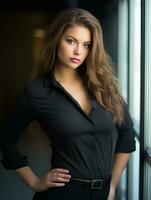 a beautiful young woman in a black shirt posing for the camera generative ai photo