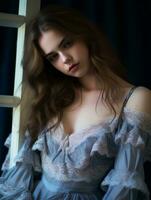 a beautiful young woman in a blue dress leaning against a window generative ai photo