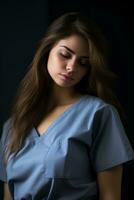 a beautiful young woman in a blue scrub suit generative ai photo