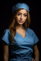 a beautiful young woman in a blue scrub suit generative ai photo