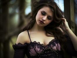 a beautiful young woman in a corset posing for the camera photo