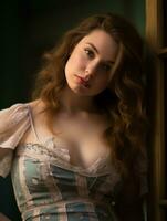 a beautiful young woman in a dress leaning against a door generative ai photo