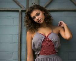 a beautiful young woman in a gray dress leaning against a wall generative ai photo
