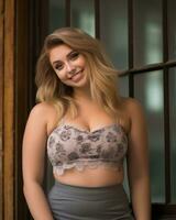 a beautiful young woman in a grey bra top generative ai photo