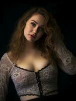 a beautiful young woman in a lace top posing for the camera generative ai photo