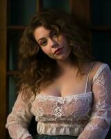 a beautiful young woman in a lace top posing for the camera generative ai photo