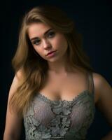 a beautiful young woman in a lace top posing for the camera generative ai photo