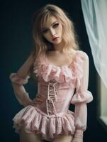 un hermosa joven mujer en un rosado corsé generativo ai foto