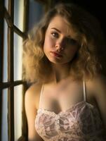 un hermosa joven mujer en un rosado vestir mirando fuera el ventana generativo ai foto