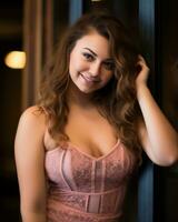 a beautiful young woman in a pink dress posing for the camera generative ai photo