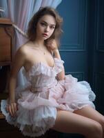 a beautiful young woman in a pink dress sitting on a chair generative ai photo