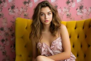 a beautiful young woman in a pink dress sitting on a yellow couch generative ai photo
