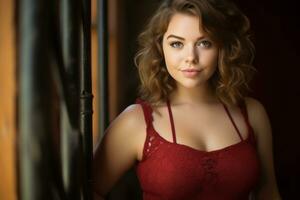 a beautiful young woman in a red dress posing for a photo generative ai