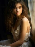 un hermosa joven mujer en un blanco vestir sentado por el ventana generativo ai foto