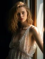 a beautiful young woman in a white dress standing by a window generative ai photo