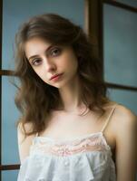 a beautiful young woman in a white dress standing in front of a window photo