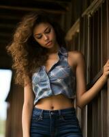 un hermosa joven mujer en pantalones y un tartán camisa propensión en contra un de madera pared generativo ai foto