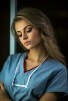 a beautiful young woman in scrubs leaning against a window generative ai photo