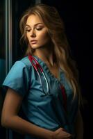 a beautiful young woman in scrubs with a stethoscope generative ai photo