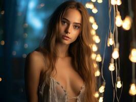 a beautiful young woman posing in front of a string of lights photo