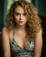 a beautiful young woman with curly hair and blue eyes photo