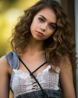 a beautiful young woman with curly hair posing for the camera generative ai photo