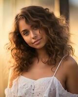 a beautiful young woman with curly hair posing for the camera generative ai photo