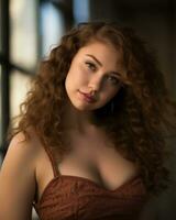 a beautiful young woman with curly hair posing for the camera generative ai photo