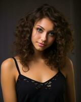 a beautiful young woman with curly hair posing for the camera generative ai photo