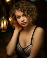 a beautiful young woman with curly hair sitting in front of a lamp generative ai photo