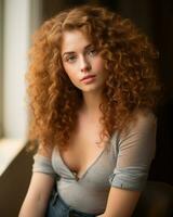 a beautiful young woman with curly hair sitting in front of a window generative ai photo