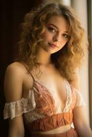 a beautiful young woman with curly hair posing in front of a window generative ai photo